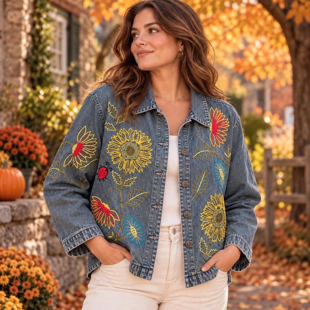 VTG Tantrums Embroidered Denim Jacket Large Sunflower Floral Jean Cottagecore
